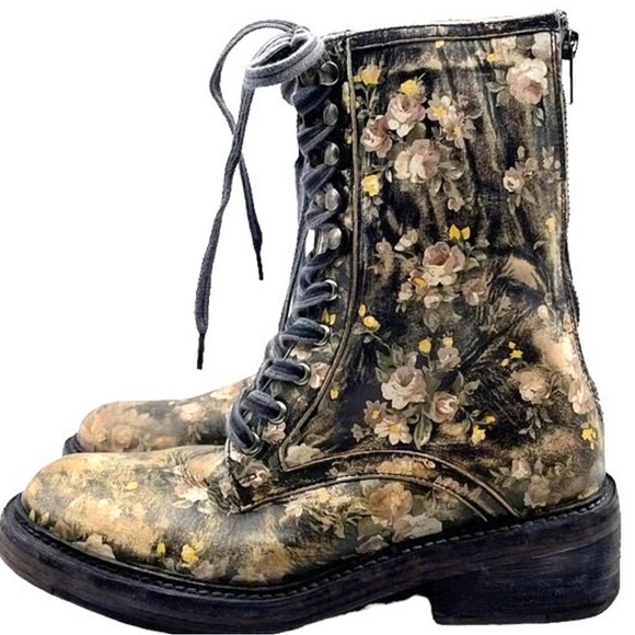 Free People Women’s Santa Fe Black Floral Leather Lace Up Combat Boots size 37 - Picture 4 of 8